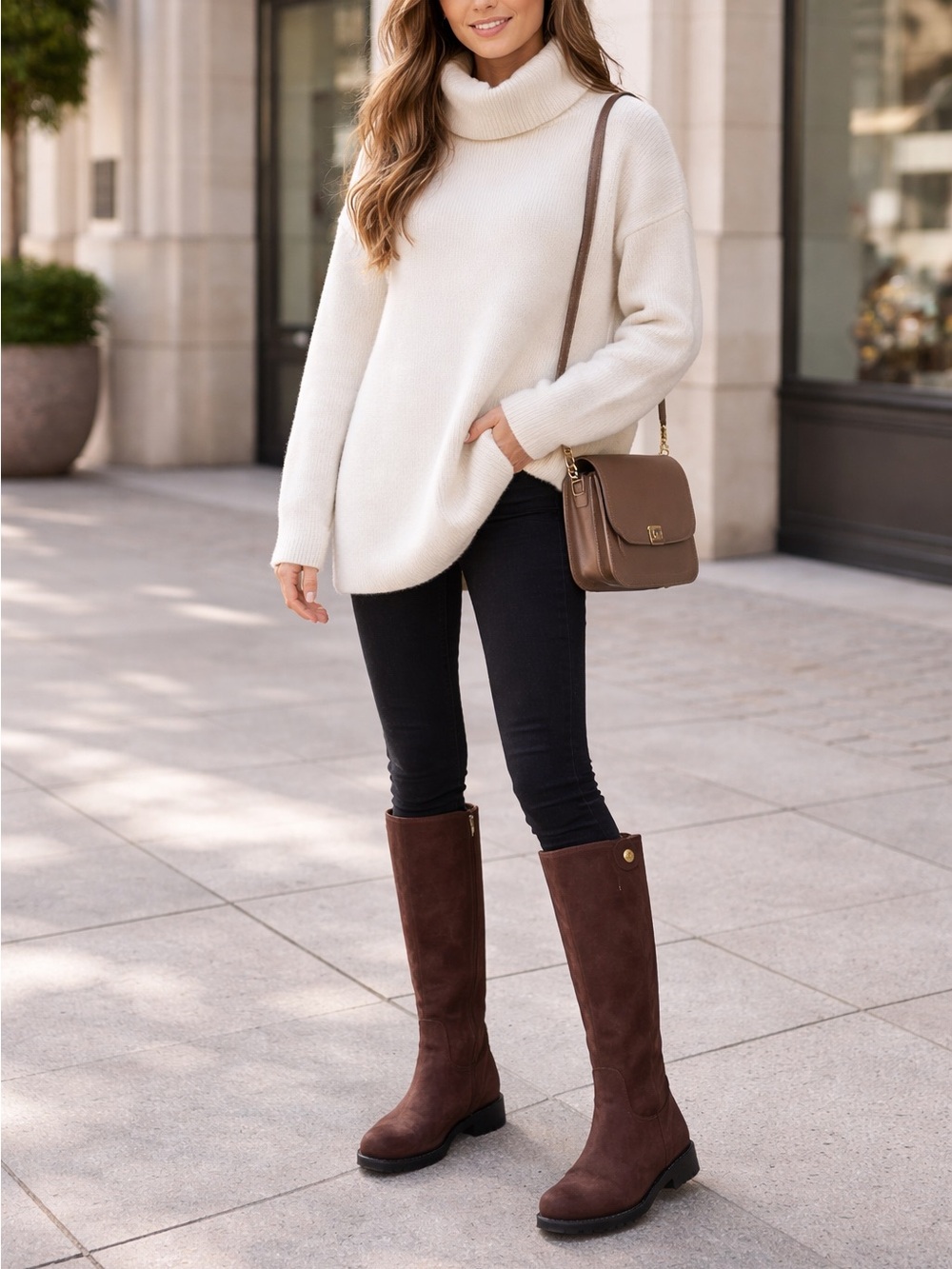 Brown Tall Suede Winter Rain Boots - Women's